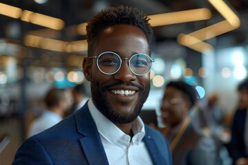The beautiful African American businessman, wearing glasses and a well-groomed beard, is smiling and explaining a graph to his colleagues in a multicultural office setting.