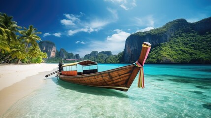 Obraz premium Traditional longtail boat moored on a tropical beach