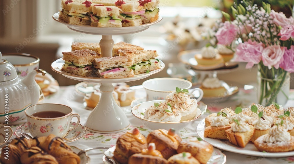Poster delicate teacups filled with cucumber and cream cheese sandwiches scones with clotted cream and jam 