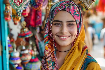 Fototapeta premium Young woman wearing colorful hijab smiling in a blurred oriental market