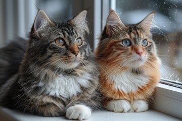 Two fluffy cats looking out window