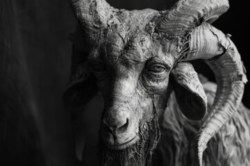 Goat-headed figure with intricate textures and somber expression in monochrome