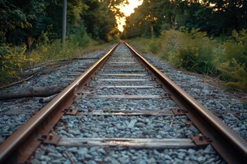 Fototapeta premium Railroad tracks leading through forest at sunset