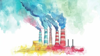 Fototapeta premium Abstract watercolor illustration of factory chimneys emitting colorful smoke, highlighting air pollution and environmental impact.