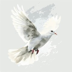 Obraz premium Artistic portrayal of a white dove in mid-flight against a soft gray background, symbolizing peace and freedom with elegant wing spread.