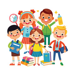 Cartoon happy school children with school supplies vector