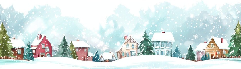 Charming winter village with snow-covered houses, trees, and a serene atmosphere, perfect for festive and holiday scenes.