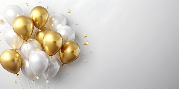 Festive golden balloons. Weddings, anniversaries, birthdays, graduation, corporate events. The concept of an exquisite and magical holiday. Copy space. Card, invitation, banner, flyer, background. 