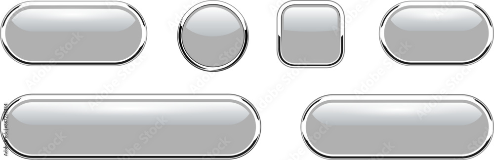 Fototapete Gray buttons set, glossy isolated icons with metallic chrome elements, vector illustration.