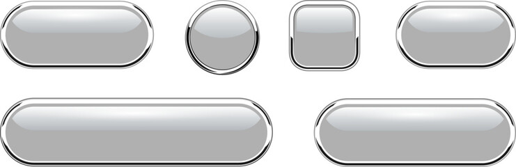 Gray buttons set, glossy isolated icons with metallic chrome elements, vector illustration.