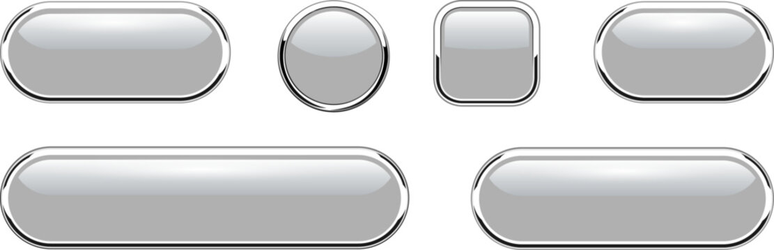 Gray buttons set, glossy isolated icons with metallic chrome elements, vector illustration.