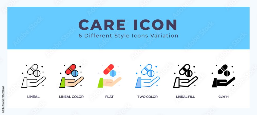Poster care icon set with different styles. icons designed in filled. outline. flat. glyph and line colored