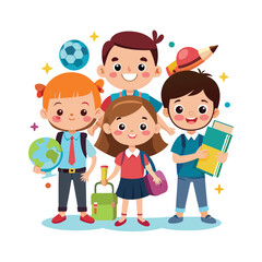 Cartoon happy school children with school supplies vector