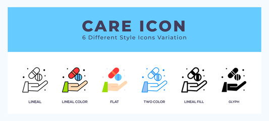 Care icon set with different styles. Icons designed in filled. outline. flat. glyph and line colored.