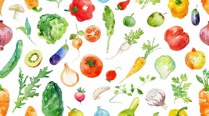 Custom vertical slats for kitchen with your photo Seamless watercolor pattern of colorful vegetables and fruits, perfect for food-related designs and backgrounds.