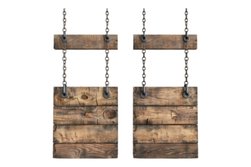 Set of empty wooden hanging board on wall isolated on transparent background