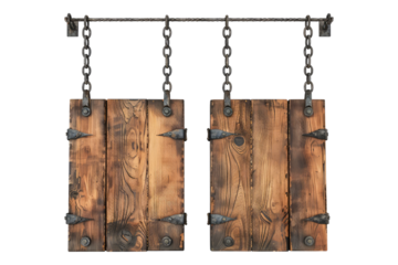 Set of empty wooden hanging board on wall isolated on transparent background