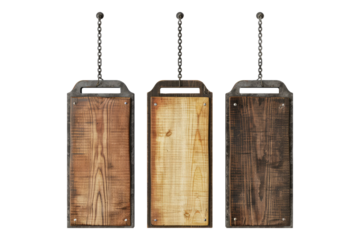 Set of empty wooden hanging board on wall isolated on transparent background