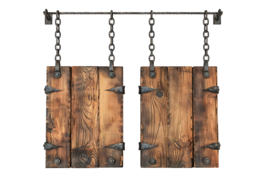 Set of empty wooden hanging board on wall isolated on transparent background