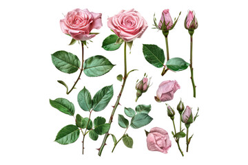 Set of pink roses floral leaf single plant isolated on transparent background