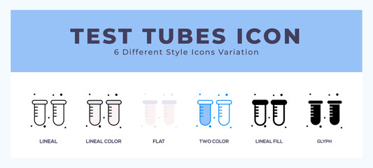 Test tubes icon set with different styles. Design elements for logo. Vector illustration.