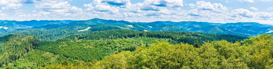 Germany, XXL aerial panorama nature scenery view above black forest tree tops, mountains, valleys, sunny day near haslach im kinzigtal in summer