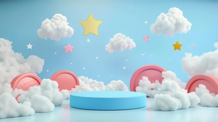 3D rendering podium kid style, colorful background, clouds and weather with empty space for kids or baby products. Generative AI