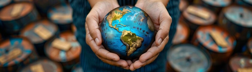 Global Oil Pricing Crisis Concept - Hands Holding Globe Surrounded by Oil Barrels with Price Tags on World Map Background