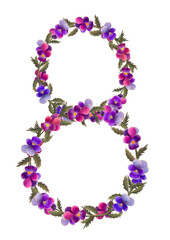 Design an elegant floral arrangement with the number 8 in purple and pink for a chic celebration