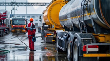 Inspector checking fuel tanker truck at distribution depot for safety measures