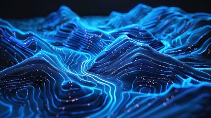 3D Topographic map background concept. Topo contour map. Rendering abstract illustration. Valleys and mountains. Geography concept. Wavy backdrop. Space surface. magic blue neon light curved lines