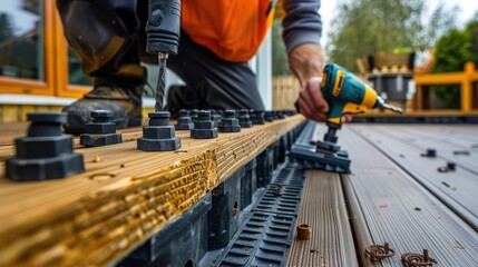 Close-Up of a Construction Worker Installing a Wooden Deck