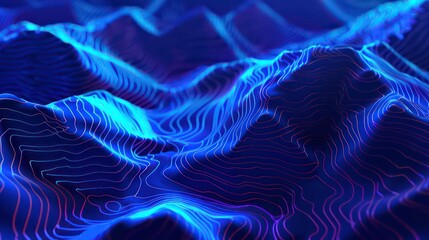 3D Topographic map background concept. Topo contour map. Rendering abstract illustration. Valleys and mountains. Geography concept. Wavy backdrop. Space surface. magic blue neon light curved lines
