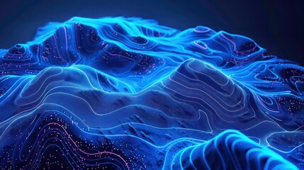 3D Topographic map background concept. Topo contour map. Rendering abstract illustration. Valleys and mountains. Geography concept. Wavy backdrop. Space surface. magic blue neon light curved lines