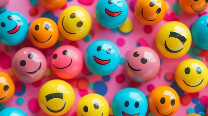 A Collection of Colorful Emoji Balls on a Polka Dot Background