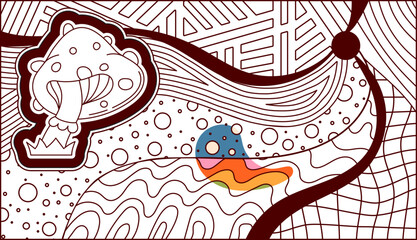 Zentangle psychedelic coloring page checkerboards with mushroom.
