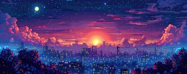 Obraz premium Digital artwork of a vibrant urban sunset with colorful clouds, city lights illuminating the dark, and starry night sky blending seamlessly.