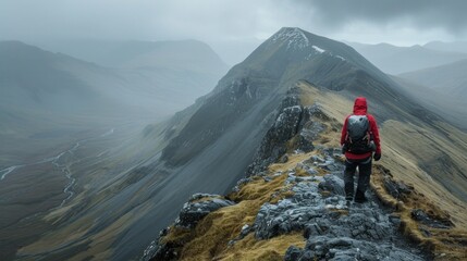 Fototapeta premium Lone Hiker Trekking Through Rugged Mountain Terrain at Dusk