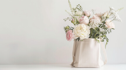 Canvas bag with assorted flowers like tulips, lilies, and hydrangeas on minimalist white backdrop. Ideal for spring ads.

