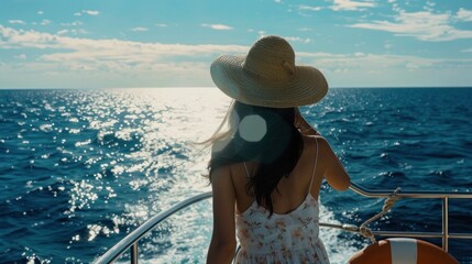 Fototapeta premium Elegant Woman in Summer Dress on a Boat With Sea Background