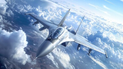 Fototapeta premium High-speed flight: Modern jetfighter soaring above the clouds at high speed, cutting through the sky with impressive agility