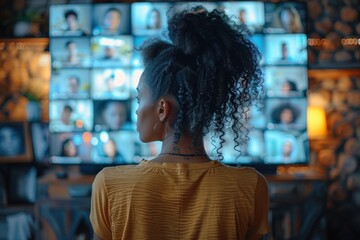 Obraz premium Remote Worker Engages in a Virtual Team Meeting at Night