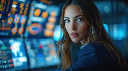 Female Analyst Monitoring Data on Multiple Computer Screens in a Modern Office