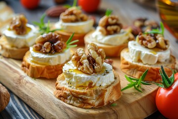 Delicious appetizers with goat cheese, honey and walnuts on toasted baguette slices served on wooden board