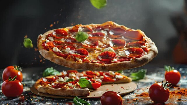 Explosion of a pepperoni pizza with its ingredients floating in the air, mozzarella, soft burrata, tomato coulis, basil, olive oil, dough base. Concept of flying vegetable and food ingredients