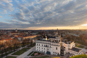 Panoramic view of a city during colorful sunset