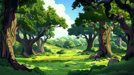Enchanting cartoon forest landscape with lush green trees and sunny meadows, perfect for a fairytale or adventure background.