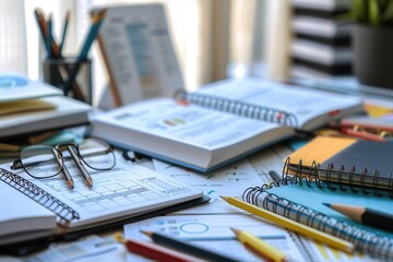 A well-organized study desk with open textbooks, notebooks, pens, and pencils. The scene is ideal for tutoring services and educational centers. Generative AI