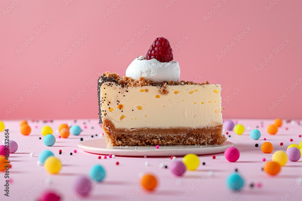 Poster slice of lemon cheesecake with poppy seeds topped with whipped cream and raspberry is sitting on whi