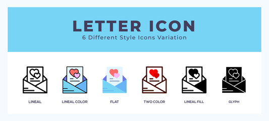Letter icon set. outline. glyph black. flat color and filled line color